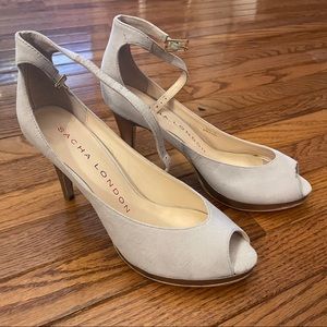 Sacha London Nude Gray Open Toed Leather Pumps